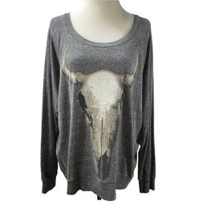 Haute Hippie Cow Skull Gray Stretch Long Sweatshirt Knit Top Oversized Large